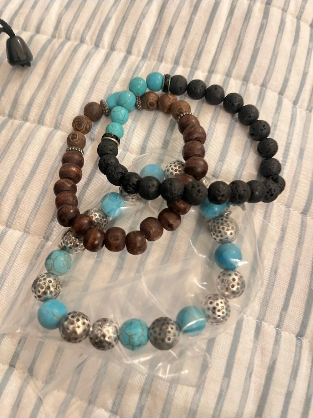 3 Turquoise, Black & Brown Beaded Stackable Bracelet Set all 3 for 1 8 inches